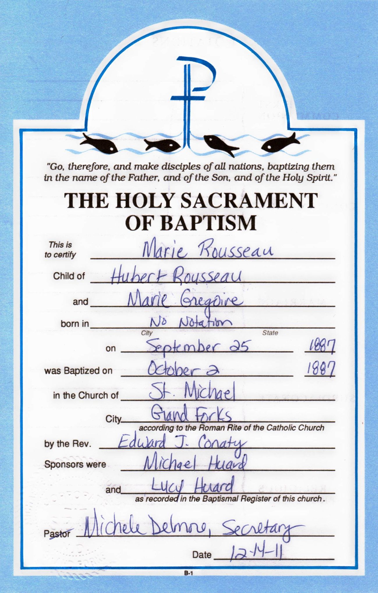 1887 Baptismal Certificate of Marie Rousseau (later Dora Brooks)